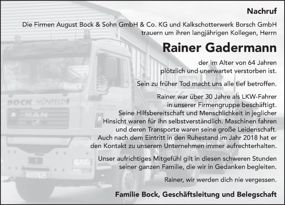  Traueranzeige für Rainer Gadermann vom 24.06.2022 aus FZ