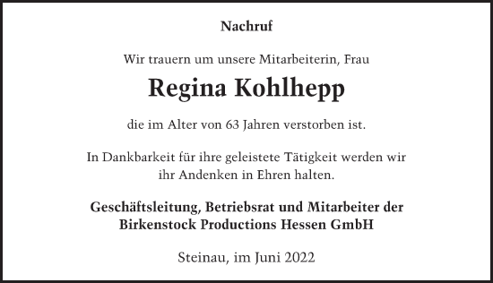 Traueranzeige von Regina Kohlhepp von FZ