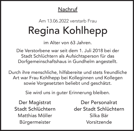 Traueranzeige von Regina Kohlhepp von FZ