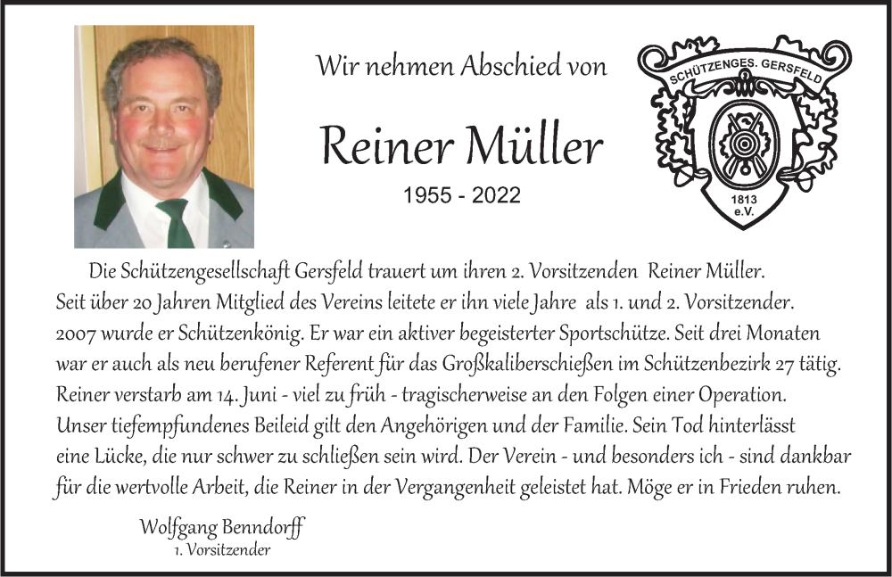  Traueranzeige für Reiner Müller vom 22.06.2022 aus FZ