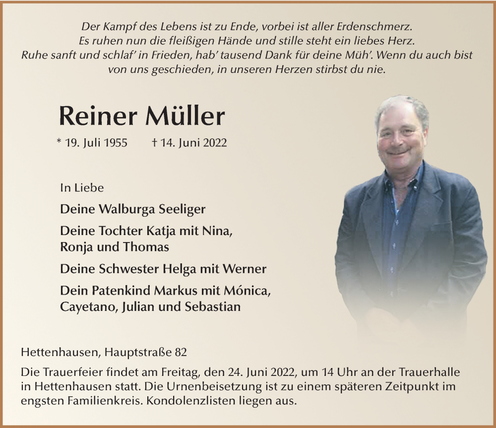  Traueranzeige für Reiner Müller vom 22.06.2022 aus FZ