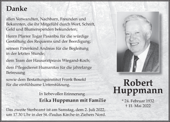 Traueranzeige von Robert Huppmann von FZ