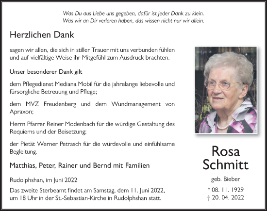 Traueranzeige von Rosa Schmitt von FZ