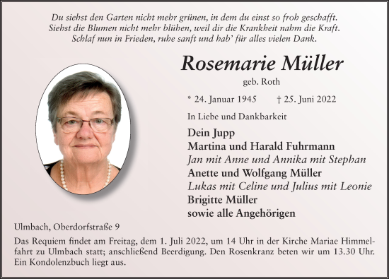Traueranzeige von Rosemarie Müller von FZ