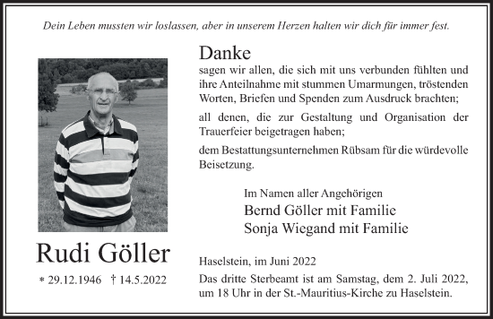 Traueranzeige von Rudi Göller von FZ
