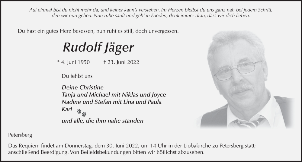  Traueranzeige für Rudolf Jäger vom 28.06.2022 aus FZ