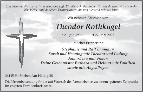 Traueranzeige von Theodor Rothkugel von FZ