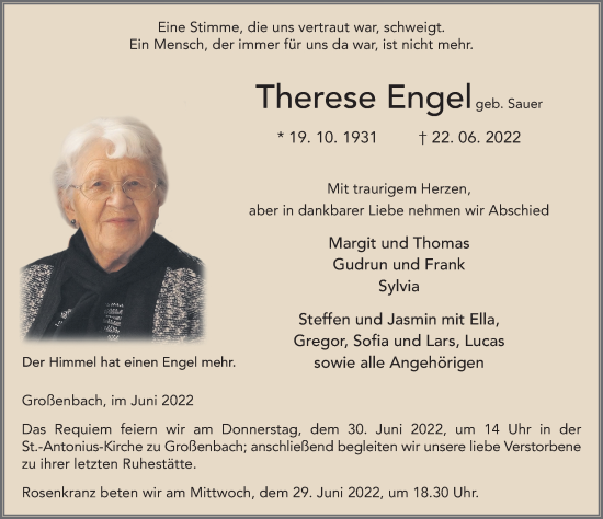 Traueranzeige von Therese Engel von FZ