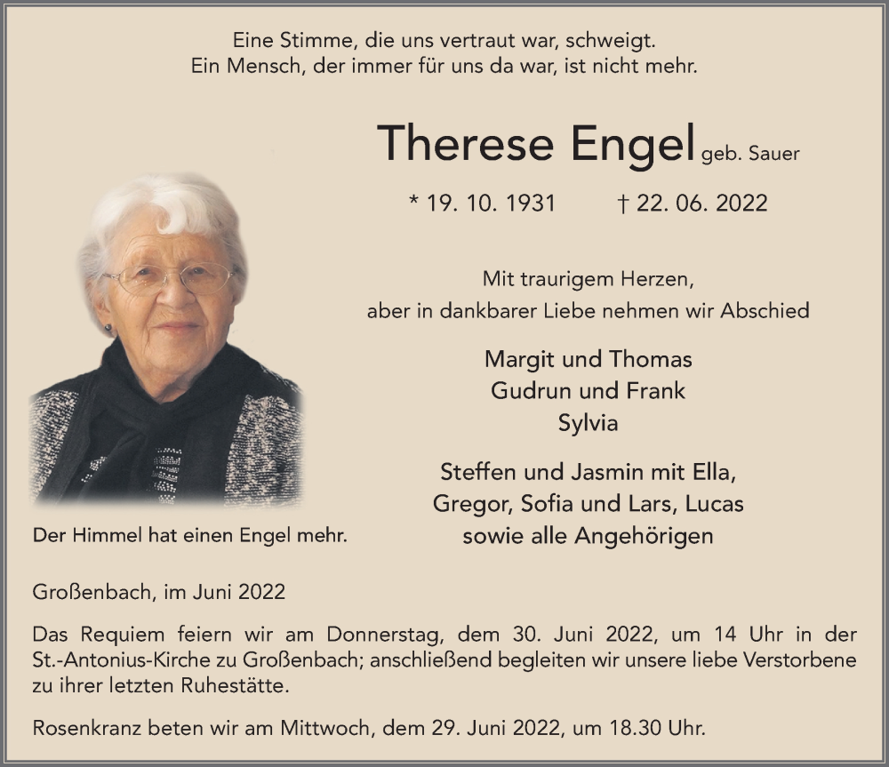  Traueranzeige für Therese Engel vom 27.06.2022 aus FZ