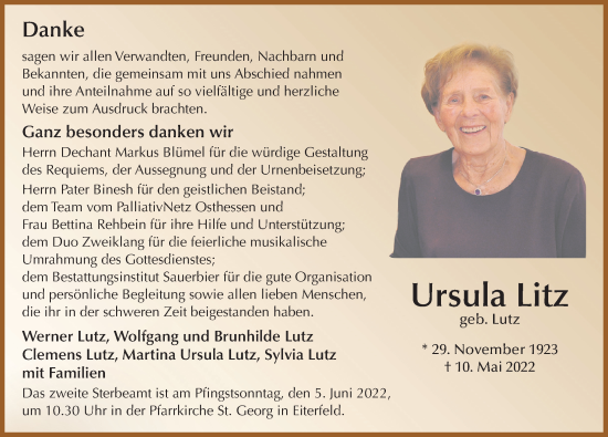 Traueranzeige von Ursula Litz von FZ