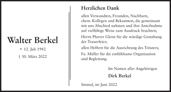 Traueranzeige von Walter Berkel von FZ