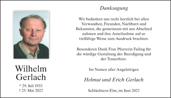 Traueranzeige von Wilhelm Gerlach von FZ