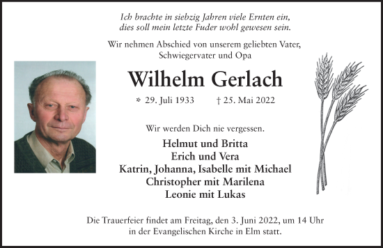 Traueranzeige von Wilhelm Gerlach von FZ