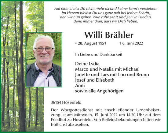 Traueranzeige von Willi Brähler von FZ