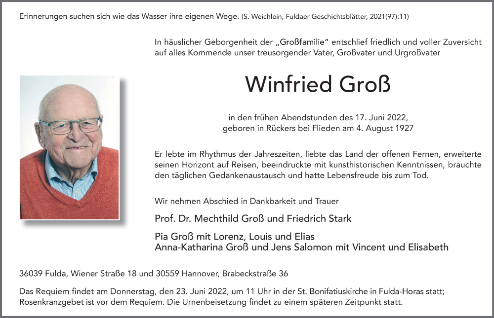  Traueranzeige für Winfried Groß vom 21.06.2022 aus FZ