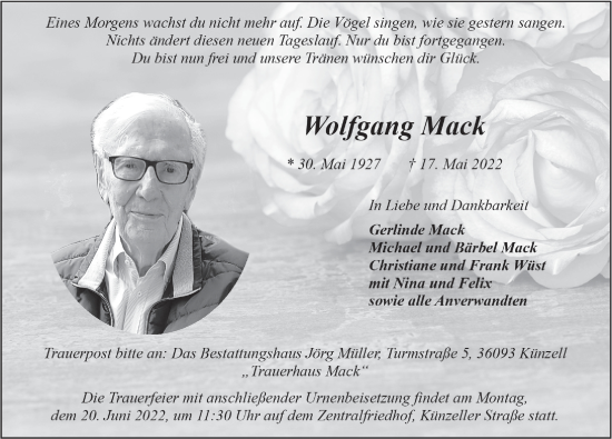 Traueranzeige von Wolfgang Mack von FZ
