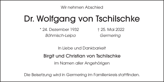 Traueranzeige von Wolfgang von Tschilschke von FZ