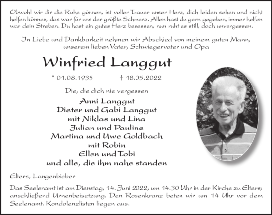 Traueranzeige von Winfried Langgut von FZ