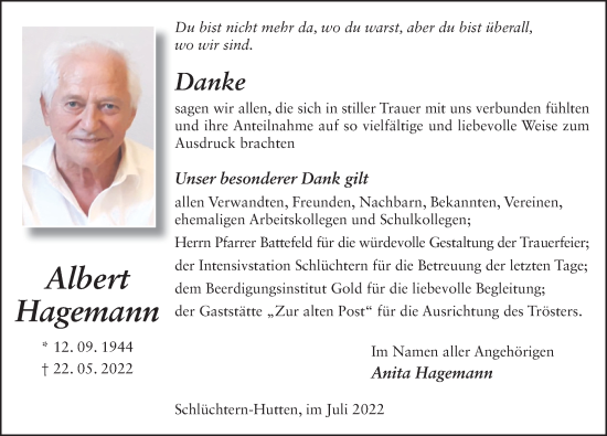 Traueranzeige von Albert Hagemann von FZ
