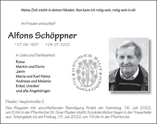 Traueranzeige von Alfons Schöppner von FZ