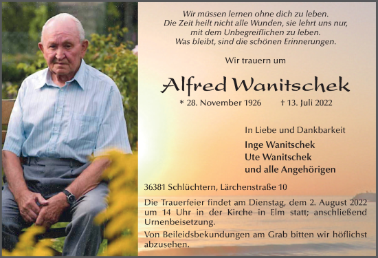 Traueranzeige von Alfred Wanitschek von FZ