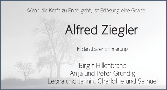 Traueranzeige von Alfred Ziegler von FZ