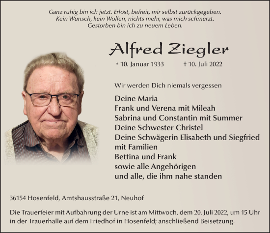 Traueranzeige von Alfred Ziegler von FZ
