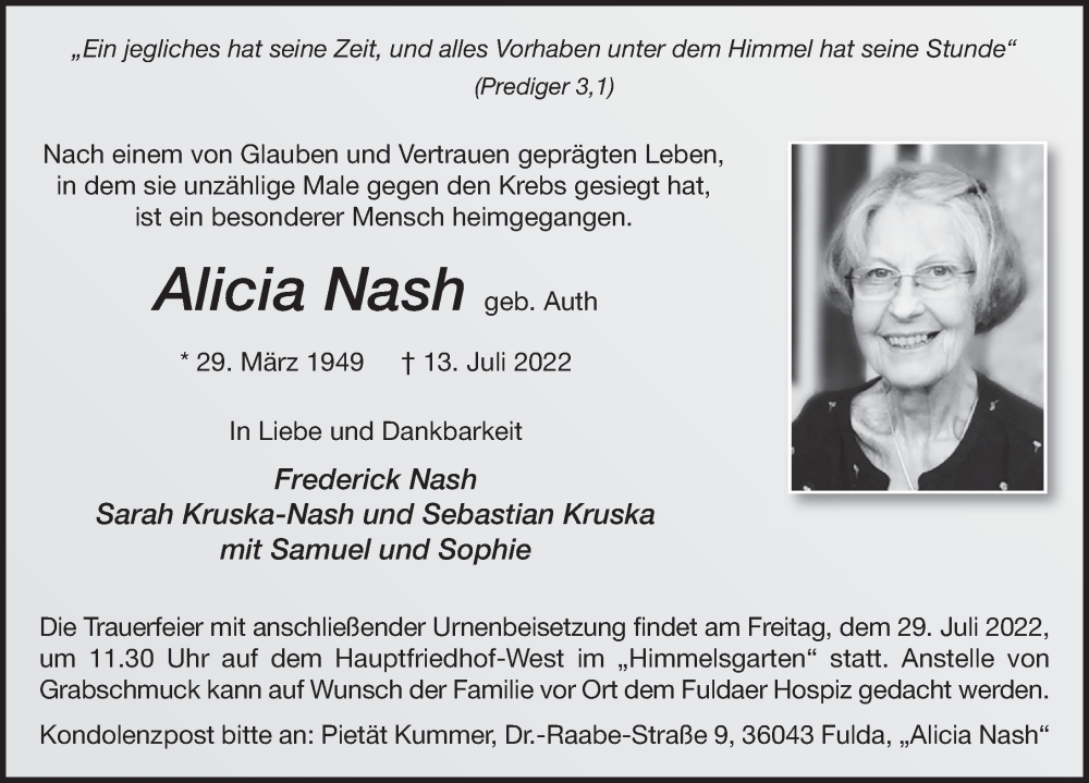  Traueranzeige für Alicia Nash vom 23.07.2022 aus FZ
