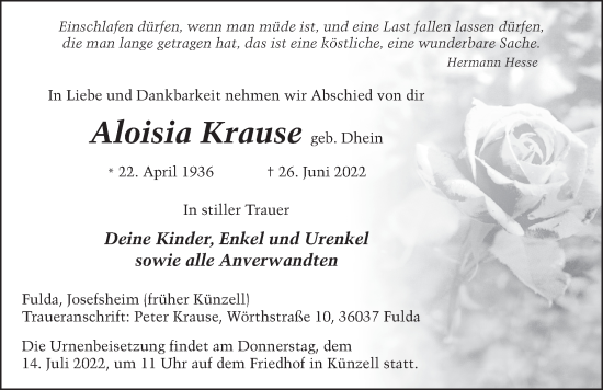 Traueranzeige von Aloisia Krause von FZ
