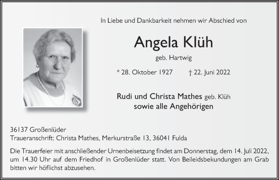 Traueranzeige von Angela Klüh von FZ