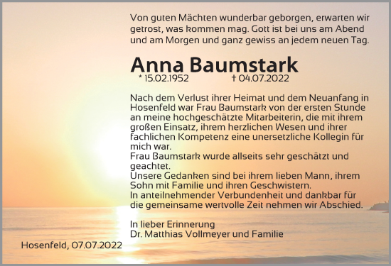 Traueranzeige von Anna Baumstark von FZ