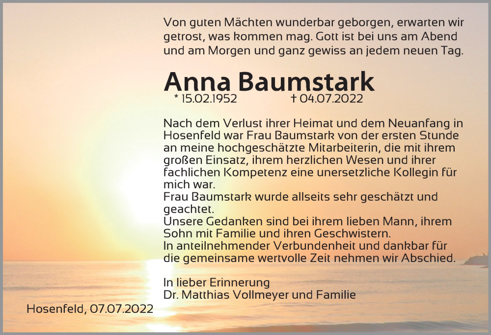  Traueranzeige für Anna Baumstark vom 08.07.2022 aus FZ