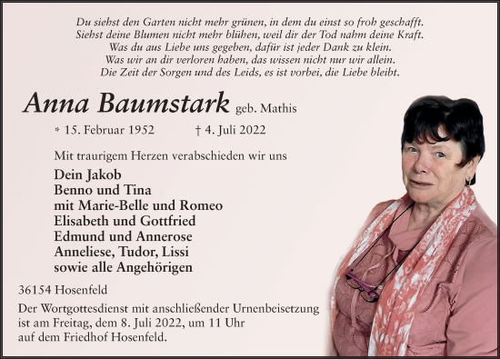 Traueranzeige von Anna Baumstark von FZ