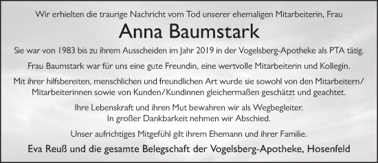 Traueranzeige von Anna Baumstark von FZ