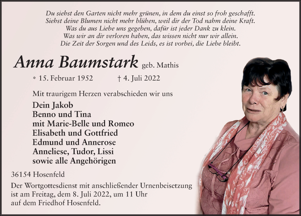  Traueranzeige für Anna Baumstark vom 06.07.2022 aus FZ