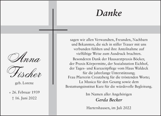 Traueranzeige von Anna Fischer von FZ
