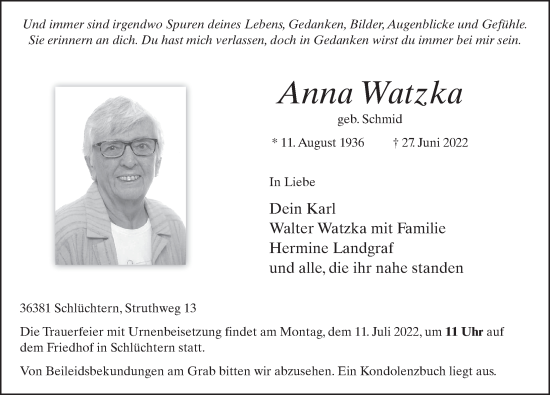Traueranzeige von Anna Watzka von FZ