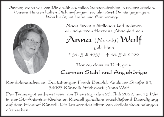 Traueranzeige von Anna Wolf von FZ