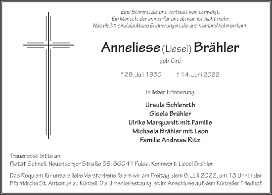 Traueranzeige von Anneliese Brähler von FZ