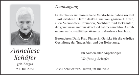 Traueranzeige von Anneliese Schäfer von FZ