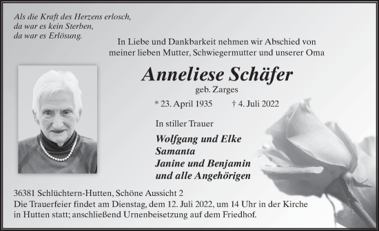 Traueranzeige von Anneliese Schäfer von FZ