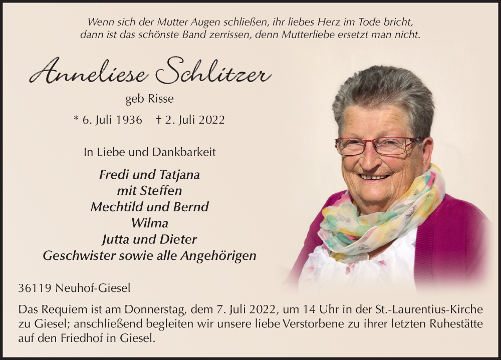  Traueranzeige für Anneliese Schlitzer vom 05.07.2022 aus FZ