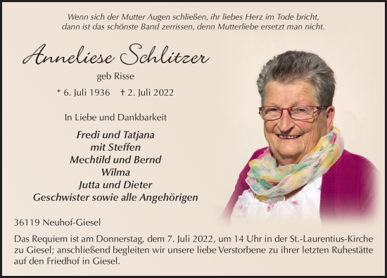 Traueranzeige von Anneliese Schlitzer von FZ