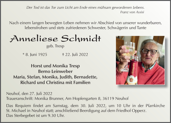 Traueranzeige von Anneliese Schmidt von FZ