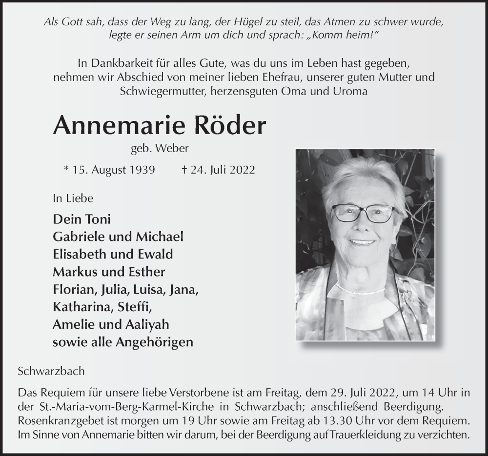  Traueranzeige für Annemarie Röder vom 27.07.2022 aus FZ