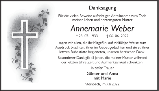 Traueranzeige von Annemarie Weber von FZ