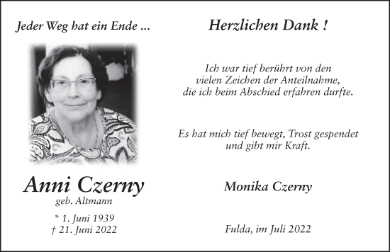 Traueranzeige von Anni Czerny von FZ