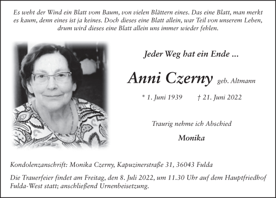 Traueranzeige von Anni Czerny von FZ