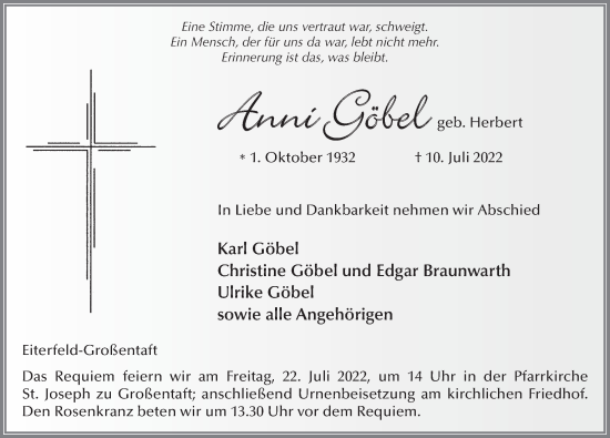 Traueranzeige von Anni Göbel von FZ