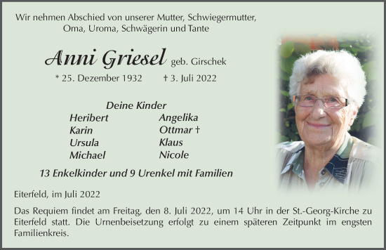 Traueranzeige von Anni Griesel von FZ